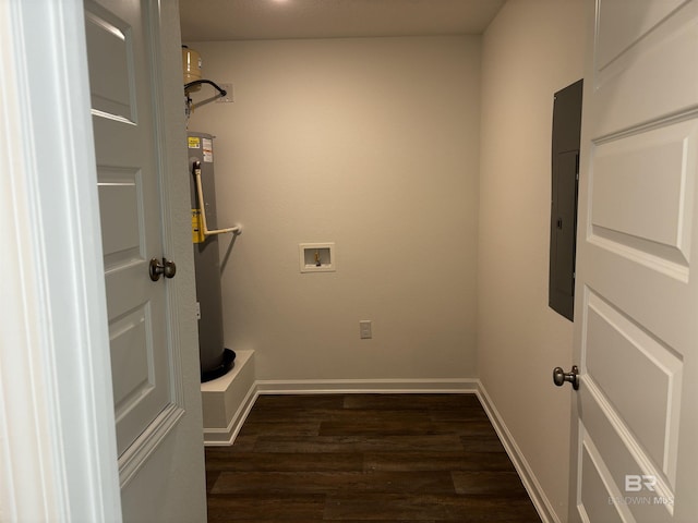 laundry room with hookup for a washing machine, dark wood-type flooring, electric panel, and water heater