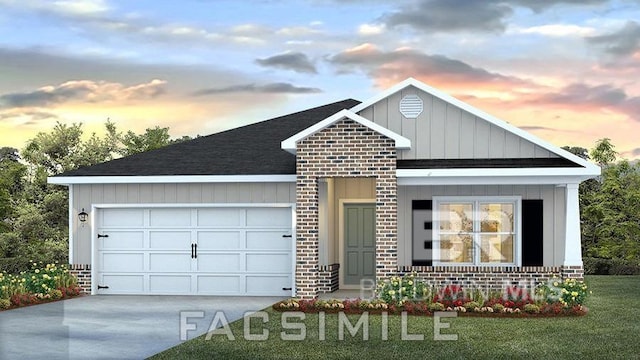 view of front of house featuring an attached garage, brick siding, concrete driveway, roof with shingles, and board and batten siding