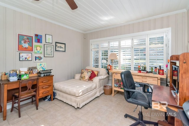 home office with ceiling fan and ornamental molding