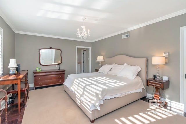 bedroom featuring an inviting chandelier and ornamental molding