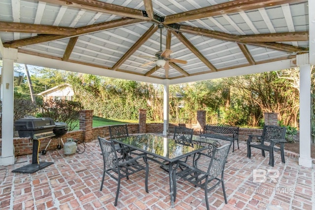 view of patio / terrace featuring a gazebo, grilling area, and ceiling fan