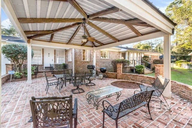 view of patio featuring a gazebo and ceiling fan