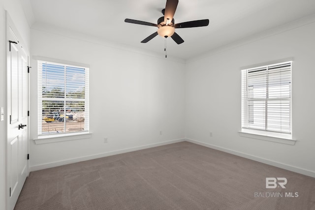 carpeted spare room with baseboards, ceiling fan, and crown molding