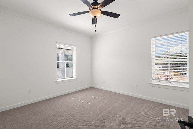 empty room with crown molding, carpet flooring, a ceiling fan, and baseboards