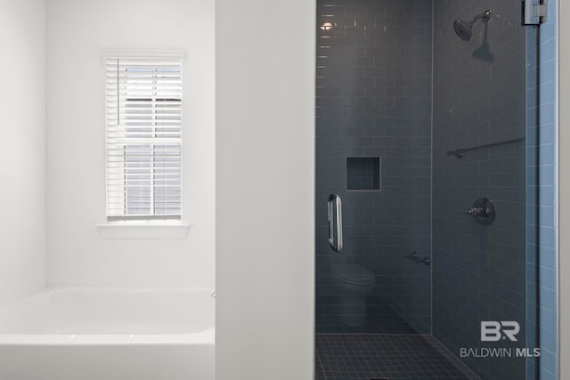 bathroom featuring a tub to relax in, plenty of natural light, and a shower stall