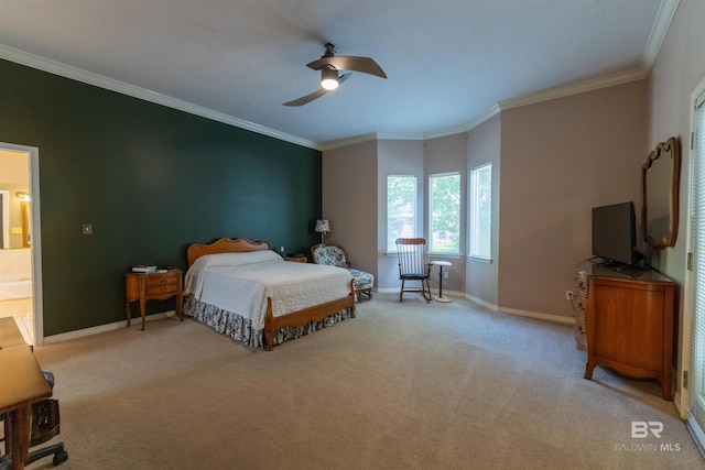 1619 Silver Creek Ct, Saraland, AL 36571 - bedroom featuring crown molding, carpet, ensuite bathroom, and ceiling fan