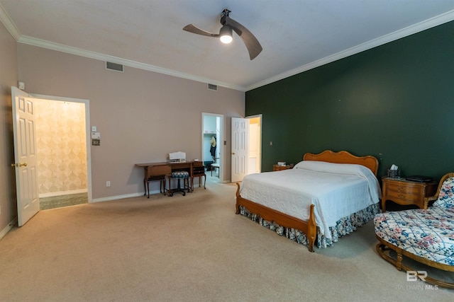 1619 Silver Creek Ct, Saraland, AL 36571 - bedroom with carpet floors, crown molding, ceiling fan, and ensuite bathroom