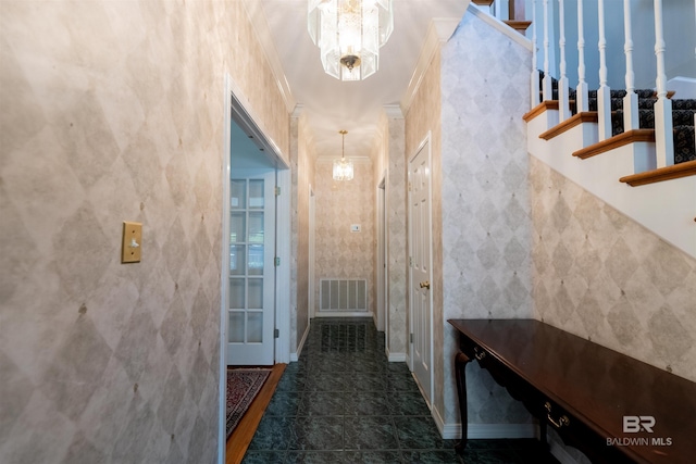 1619 Silver Creek Ct, Saraland, AL 36571 - corridor featuring a chandelier, stairway, and crown molding
