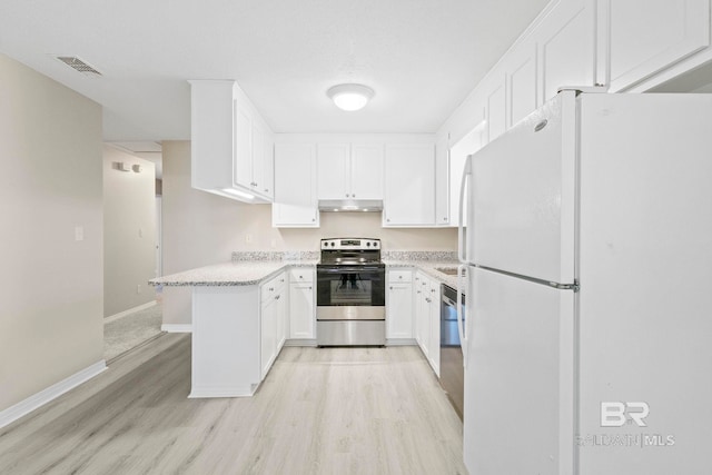 kitchen featuring white cabinets, light wood-type flooring, white refrigerator, and electric stove