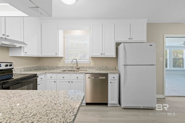 kitchen featuring sink, range with electric cooktop, white refrigerator, stainless steel dishwasher, and white cabinets