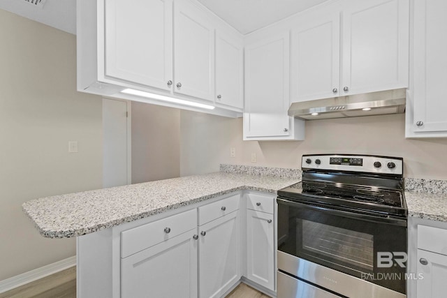 kitchen with white cabinetry, stainless steel electric range oven, and kitchen peninsula