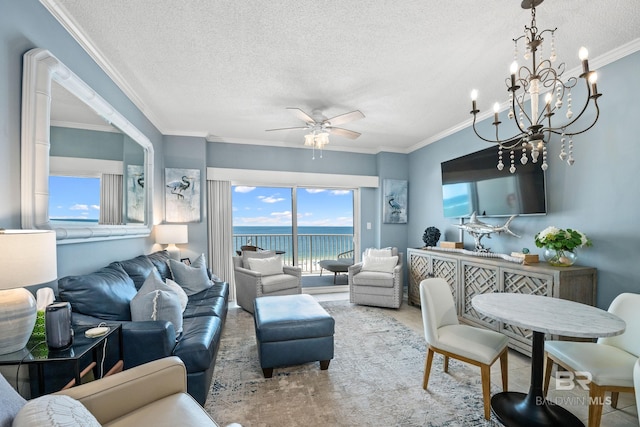 living room with crown molding, a textured ceiling, and ceiling fan with notable chandelier
