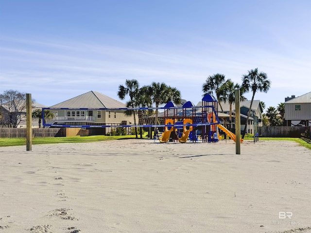 view of jungle gym with volleyball court