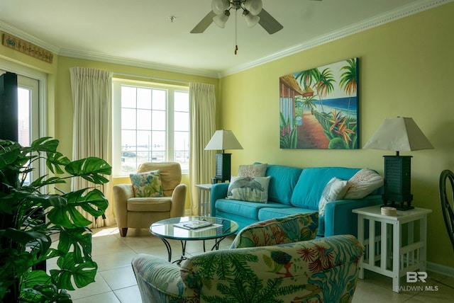 tiled living room featuring crown molding, a ceiling fan, and a healthy amount of sunlight