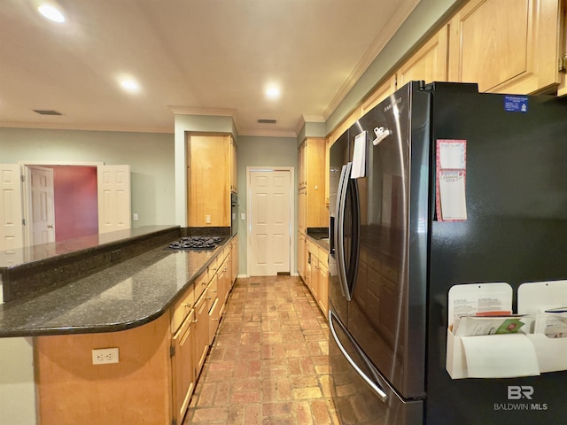 603 Northshore Dr, Bay Minette, AL 36507 - kitchen with stainless steel appliances, ornamental molding, a peninsula, brick flooring, and recessed lighting