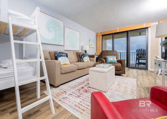 living room featuring floor to ceiling windows and wood finished floors