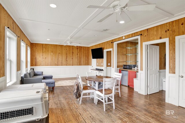 dining space with wood ceiling, wood finished floors, a ceiling fan, and wood walls