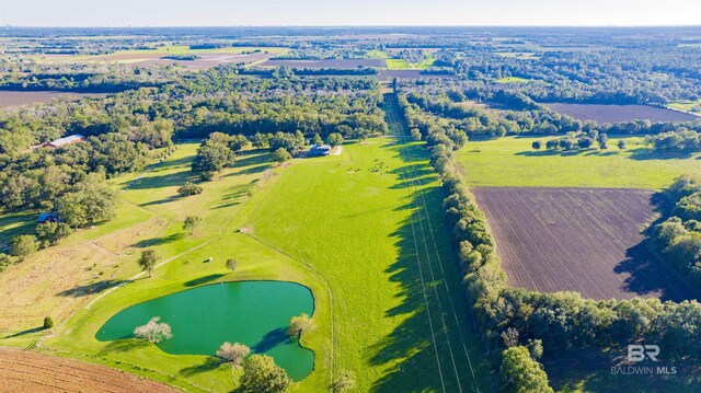 bird's eye view featuring a rural view and a water view