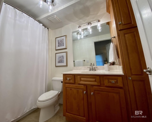 bathroom with toilet, a shower with shower curtain, vanity, visible vents, and tile patterned floors