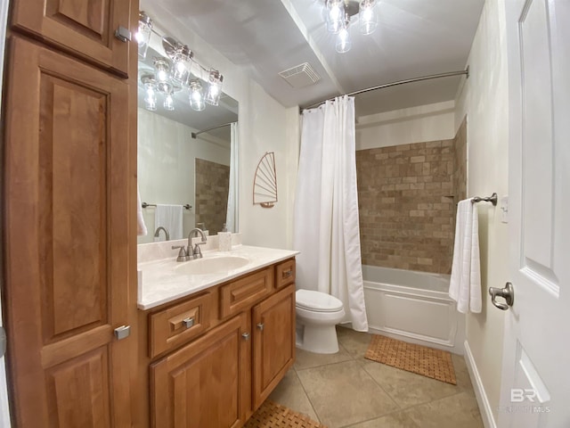 bathroom with tile patterned flooring, toilet, shower / tub combo, vanity, and visible vents