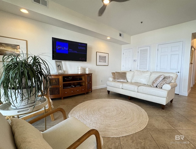 tiled living area with baseboards, visible vents, ceiling fan, and recessed lighting