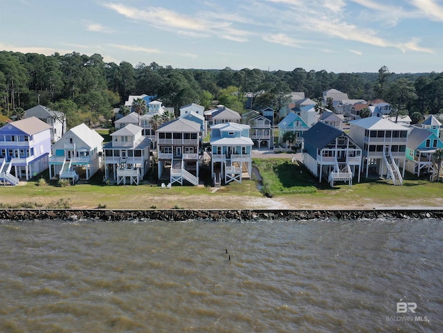 drone / aerial view featuring a water view