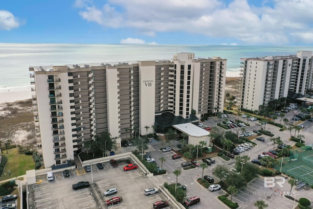 aerial view featuring a beach view and a water view