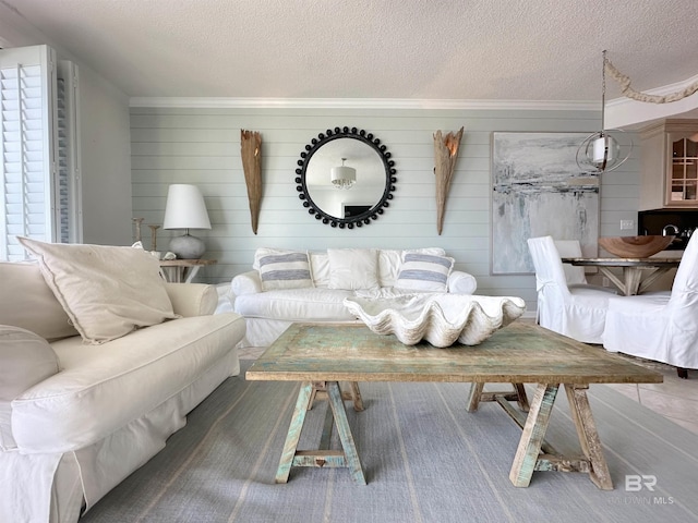 living room with a textured ceiling