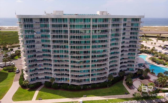 view of building exterior featuring a water view