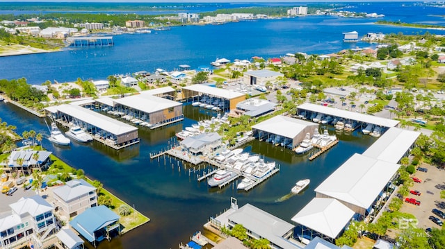 bird's eye view with a water view