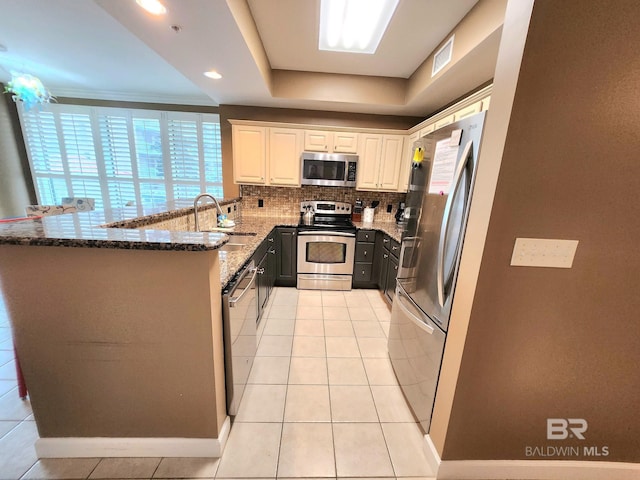 kitchen featuring white cabinetry, sink, stainless steel appliances, kitchen peninsula, and dark stone counters