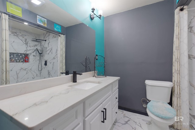 bathroom with a shower with curtain, marble finish floor, vanity, and toilet