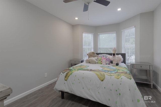 bedroom with ceiling fan, baseboards, wood finished floors, and recessed lighting
