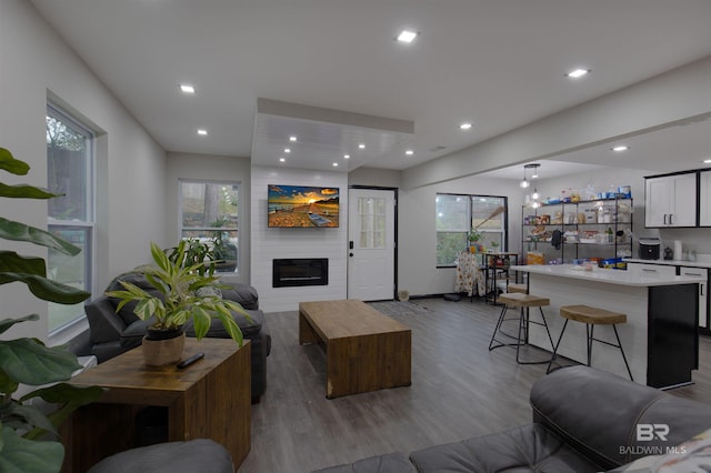 living area with a fireplace, wood finished floors, a wealth of natural light, and recessed lighting