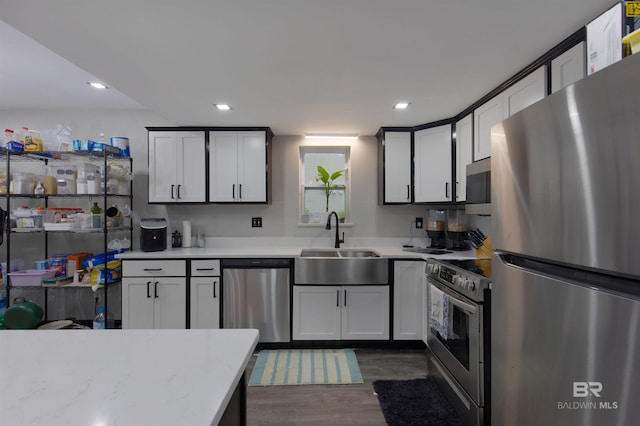 kitchen featuring appliances with stainless steel finishes, a sink, dark wood-type flooring, and light countertops