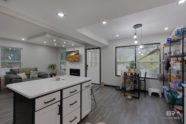 kitchen with open floor plan, white cabinetry, wood finished floors, and light countertops