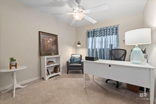 office featuring light colored carpet and ceiling fan