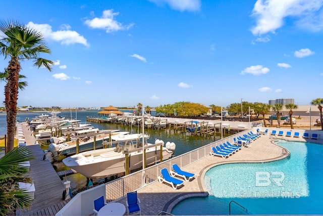 view of pool featuring a boat dock and a water view