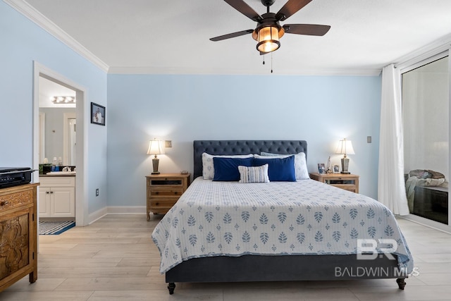 bedroom with ensuite bath, light hardwood / wood-style flooring, ceiling fan, crown molding, and sink