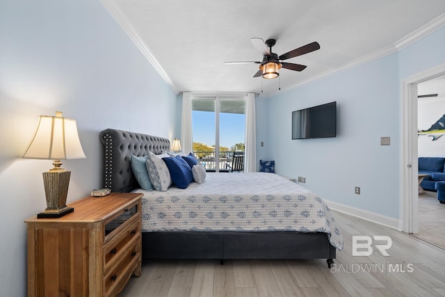 bedroom featuring ceiling fan, light hardwood / wood-style floors, access to outside, and ornamental molding