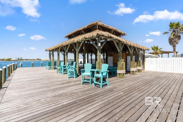 dock area featuring a water view and a gazebo