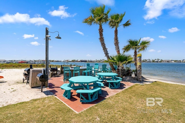 view of property's community featuring a water view and a lawn