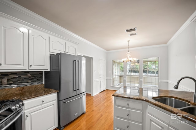 kitchen with light wood-style floors, white cabinets, tasteful backsplash, a sink, and appliances with stainless steel finishes