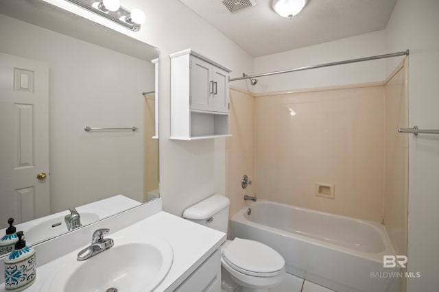 full bathroom featuring shower / washtub combination, toilet, visible vents, and vanity