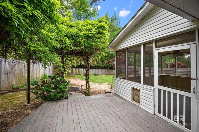 wooden deck featuring a fenced backyard and a sunroom