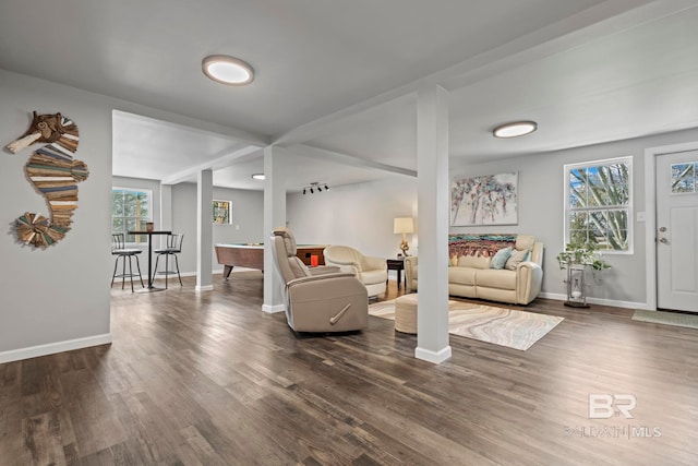 living room featuring dark wood-type flooring and billiards