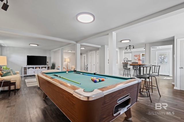 playroom with dark hardwood / wood-style flooring and billiards