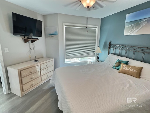 bedroom featuring dark hardwood / wood-style flooring and ceiling fan