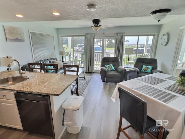 kitchen featuring a wealth of natural light, black dishwasher, sink, white cabinets, and a kitchen island with sink