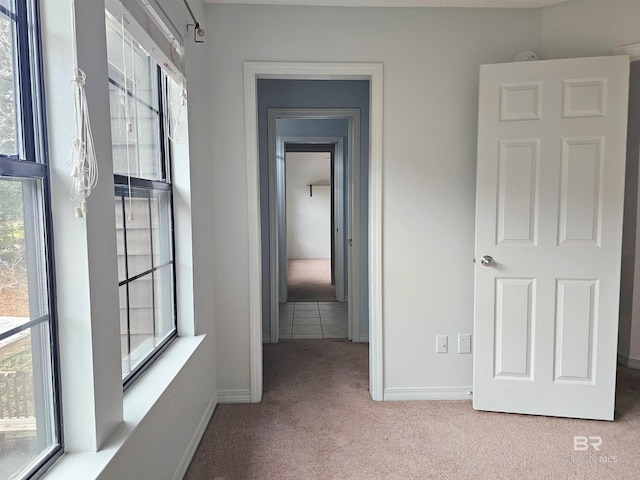 hall with light colored carpet and a healthy amount of sunlight